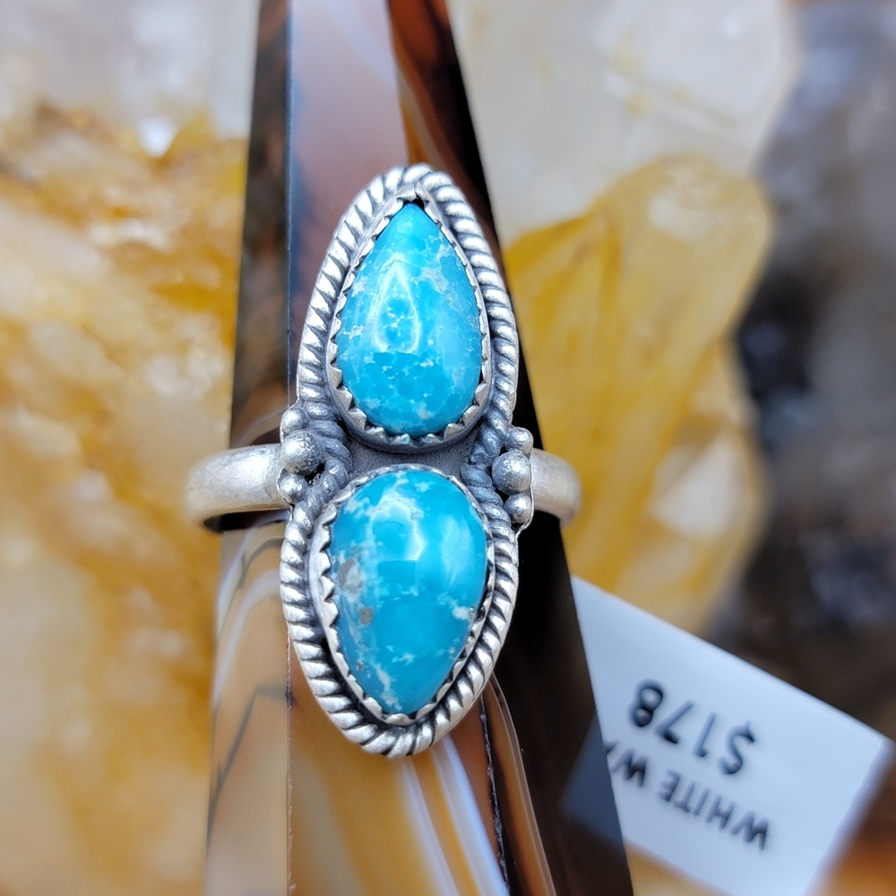 Artisan Sterling Silver White Water Turquoise Double Stone Adjustable Ring NEW